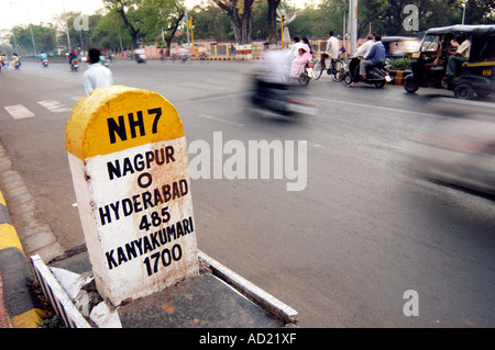 ASB73132 Milestone showing zero mile on the national highway NH 7 which is the center of India at Nagpur Maharashtra India Stock Photo