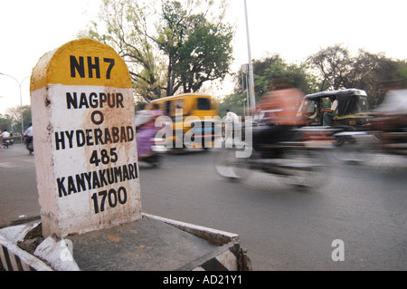 ASB73134 Milestone showing zero mile on the national highway 7 which is the center of India at Nagpur Maharashtra India Stock Photo