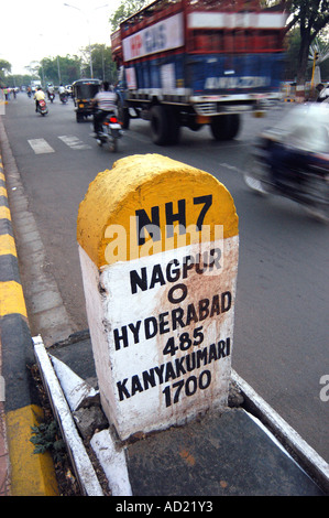 ASB73136 Milestone showing zero mile on the national highway 7 which is the center of India at Nagpur Maharashtra India Stock Photo