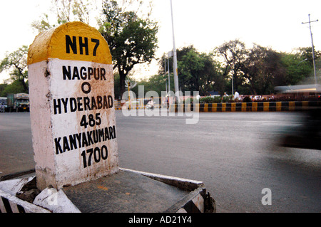 Milestone showing zero mile on the national highway 7 which is the center of India at Nagpur Maharashtra India Stock Photo