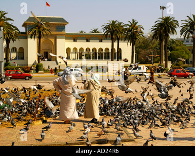 Two women feeding pigeons on Place Mohammed V Stock Photo