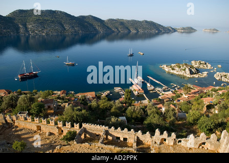 Scenic view of of Kekova Island and Kalekoy from Simena Castle, Kas Antalya Turkey. Stock Photo