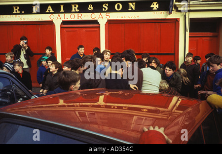 Jedburgh Hand Ba Game Roxburghshire Scotland 1970s 1971 Shops are boarded up. Youth scrummage of the ball. HOMER SYKES Stock Photo