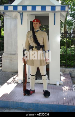 Athens elite ceremonial guard duty outside the Presidential Mansion Evzone sentry box Stock Photo