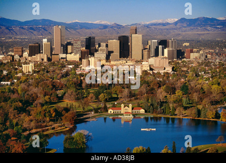 Skyline of Denver, Colorado, USA over the city park lake with the Rocky Mountains in the background. Stock Photo