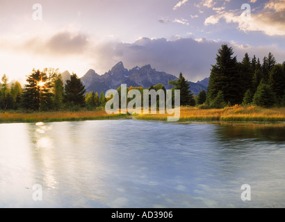 Ponds at Oxbow on Snake River below Tetons in Wyoming at sunset Stock Photo