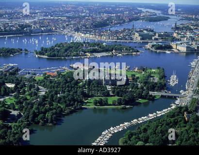 View of lush green islands of Stockholm in summer from the air Stock Photo