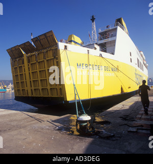 Iscomar Roll On Roll Off ( Ro-Ro) cargo and passenger ferry arriving from Valencia, mooring on quay in the Port of Palma de Mall Stock Photo