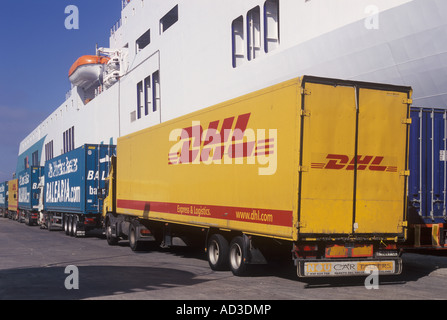 Parcel transport lorries lining up ready to embark on EUROLINEAS MARITIMAS S.A. Roll On Roll Off Cargo ferry 'Borja' to Barcelon Stock Photo