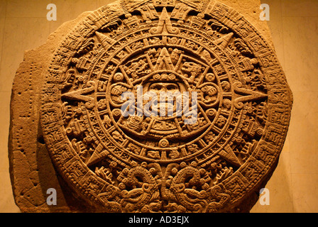 Aztec calendar or Sun Stone in the Sala Mexica of the  National Museum of Anthropology, Mexico City Stock Photo