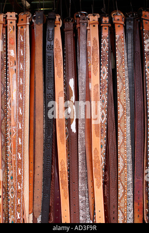 Handmade Mexican  leather belts for sale in the market, city of Veracruz, Mexico Stock Photo