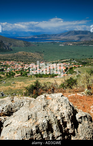 View over olive groves towards Chrisso and the Gulf Of Corinth from near Delphi Camping campsite mainland Greece Europe Stock Photo