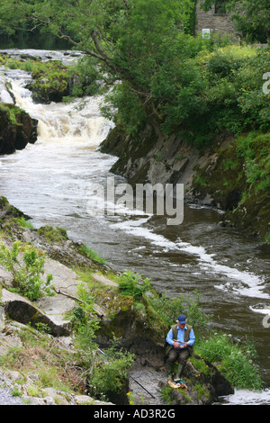 Fishing in the River Teifi at Cenarth, Carmarthenshire, South Wales Stock Photo