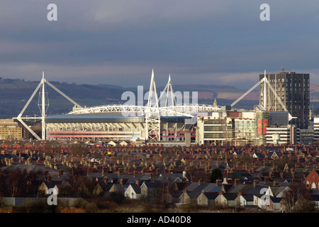 Millennium Stadium urban landscape viewed over rooftops of houses in Cardiff South Wales UK Stock Photo