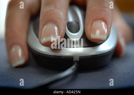 Womans hand using a computer mouse with scroll wheel in an office Stock Photo