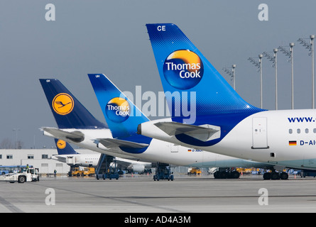 Aircrafts of Thomas Cook and Lufthansa at Munich Airport, Bavaria, Germany Stock Photo