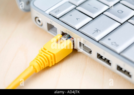 A network connection cable plugged into a laptop Stock Photo