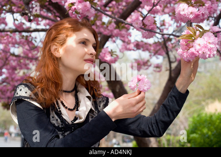 A young woman holding the branch of a cherry blossom Stock Photo