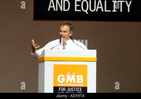 Former Prime Minister Tony Blair addressing the GMB union conference at Blackpool in 2006 Stock Photo