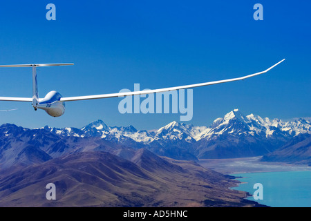 Glider Lake Pukaki and Aoraki Mt Cook Mackenzie Country South Island New Zealand aerial Stock Photo