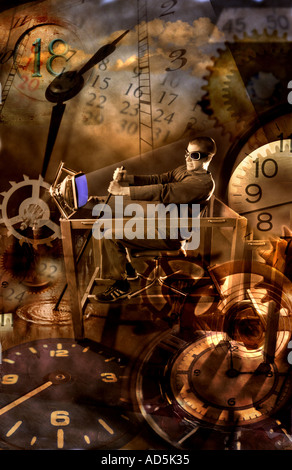 Man riding a time machine time travel concept Stock Photo