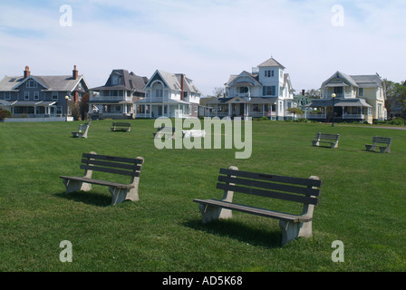Oak Bluffs Marthas Vineyard Massachusetts benches and green grass on center green Stock Photo