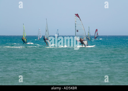 Horizontal wide angle of windsurfers gliding across the sea in the sunshine Stock Photo
