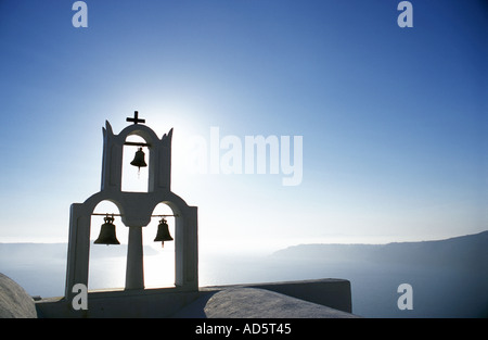 Three Bells White Orthodox Church Traditional View of Santorini Stock Photo