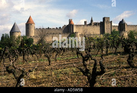 Carcassonne, a hilltop town in southern France’s Languedoc area, famous for its medieval citadel, La Cité, with numerous watchtowers  France  French Stock Photo