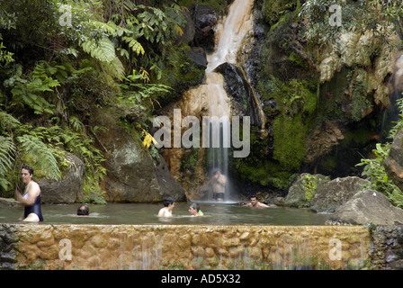 Hot waterfall and bathing pool at Caldeira Velha Sao Miguel island Azores Stock Photo