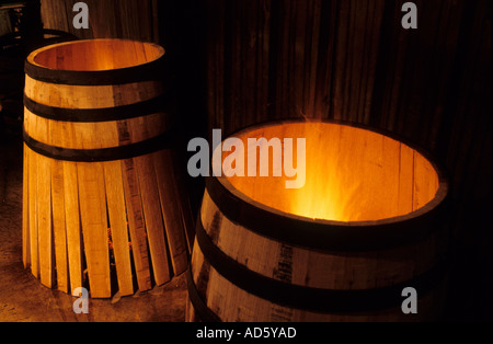 Cooperage cognac whisky wine port cask barrel fire Stock Photo