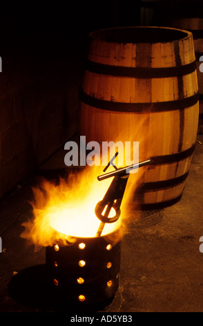 Cooperage cognac whisky wine port cask barrel fire Stock Photo