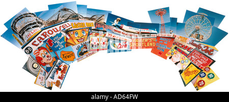 Photo collage of amusement park rides and signs Stock Photo