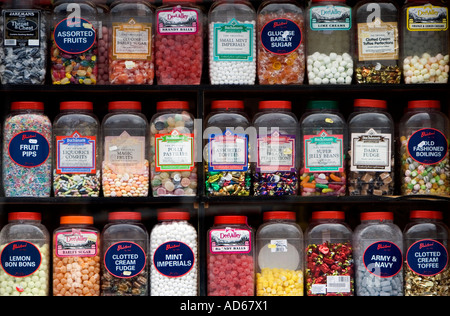 Sweet jars on shelves in a Scottish sweetshop. Scotland Stock Photo