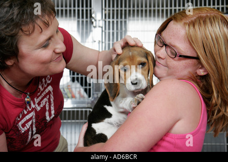 Newport News Virginia,Peninsula SPCA pet adoption,girl girls,youngster,female kids children mother,parent,parents,dog,pet,canine,animal,beagle,cage,VA Stock Photo
