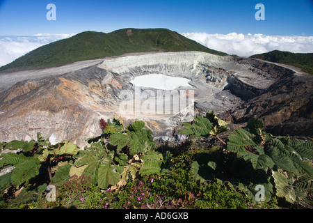 Spectacular high altitude landscape looking from rim into crater and mud-lake of Poas Volcano Costa Rica in Central America Stock Photo