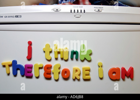 Descartes famous quote I think therefore I am written in fridge magnets on a refrigerator door Stock Photo