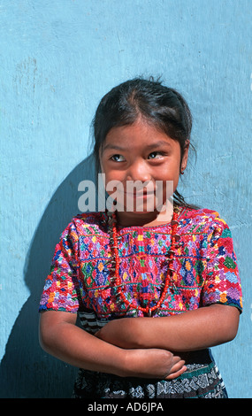 GUATEMALA Portrait of a young Maya girl in traditional stlye costume of her community San Pedro Sacatepequez Guatemala Stock Photo