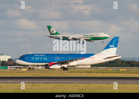 BMI Airbus and Eva Air Boeing at London Hetahrow Stock Photo