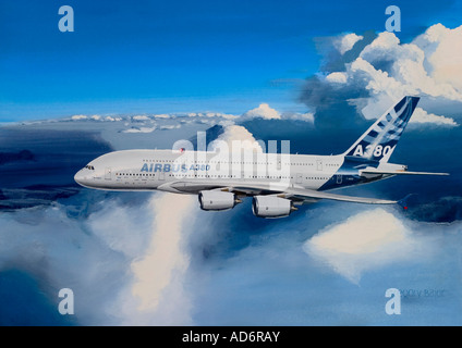 Painting of the largest passenger airplane Airbus A380-841 flying above clouds Stock Photo