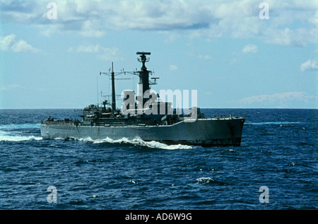 HMS Charybdis, F75, Leander-class frigate type 121, British frigate warship on patrol off the Falkland Islands in 1983, approaches to Port Stanley Stock Photo