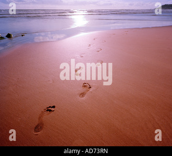 Footsteps on a deserted beach, North Devon, England, UK. Stock Photo