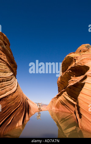 Tourist couple next to water below striated sandstone The Wave Coyote Buttes Paria Canyon Vermilion CCliffs Wilderness Arizona Stock Photo