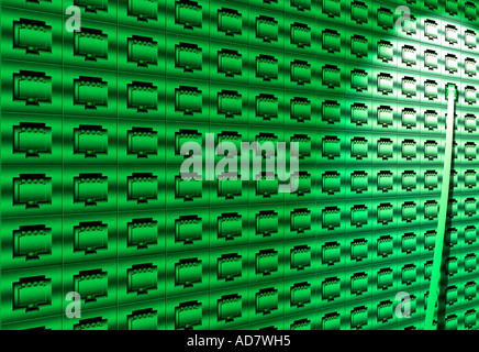 Concept image of small phonejack in massive wall of phone plugs Stock Photo