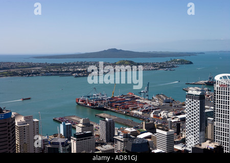 A view of Rangitoto and the container docks in Auckland Stock Photo