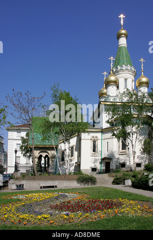 Rusian church Sofia Bulgaria city centre downtown lithotomy priests monk icon church cathedral Christianity Orthodox religion Stock Photo