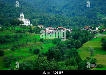 Church of the Sacred Heart and village of Dreznica near Kobarid Slovenia Stock Photo