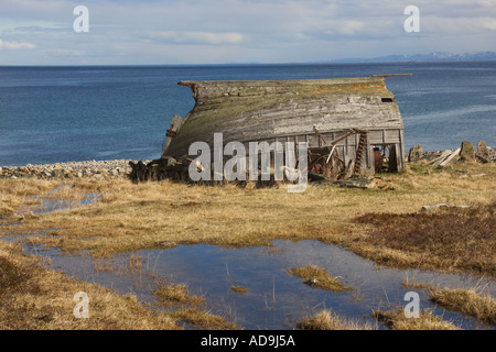 Old Fishing Boat, Fjord of Varanger, Norway, Europe Stock Photo