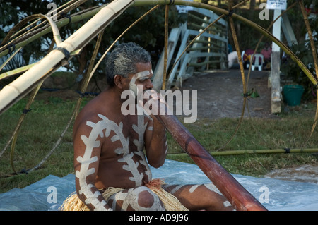Aboriginal didgeridoo  player at first persons festival Queensland Australia Stock Photo