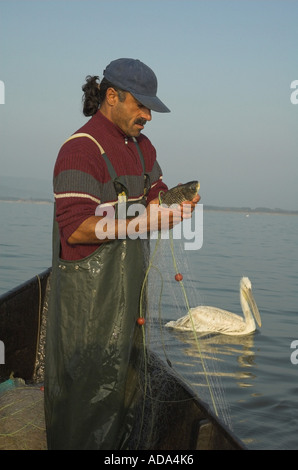 Fisherman and Dalmation pelican, with the animal waiting near the boat on abandoned fish, Greece Stock Photo